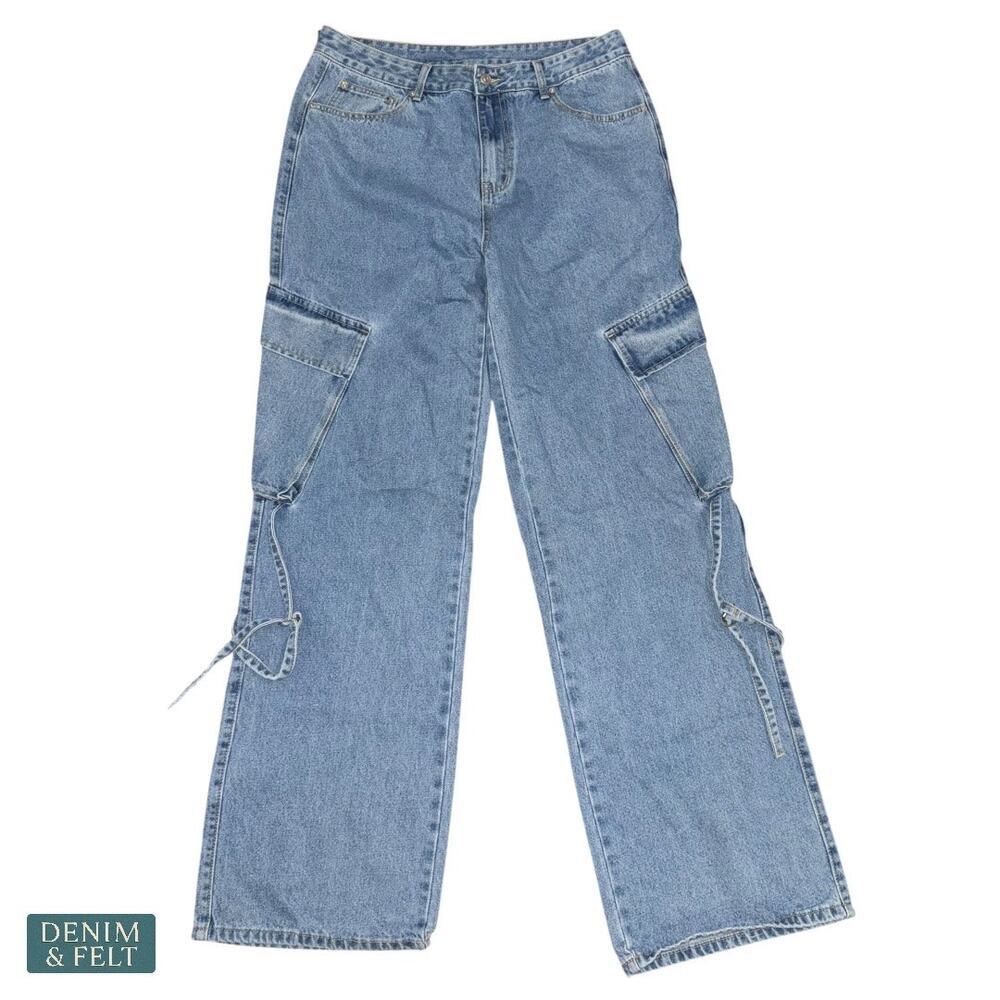 SUMWON Mens Cargo Wide Leg Jeans Blue Denim Utility Streetwear XL NEW